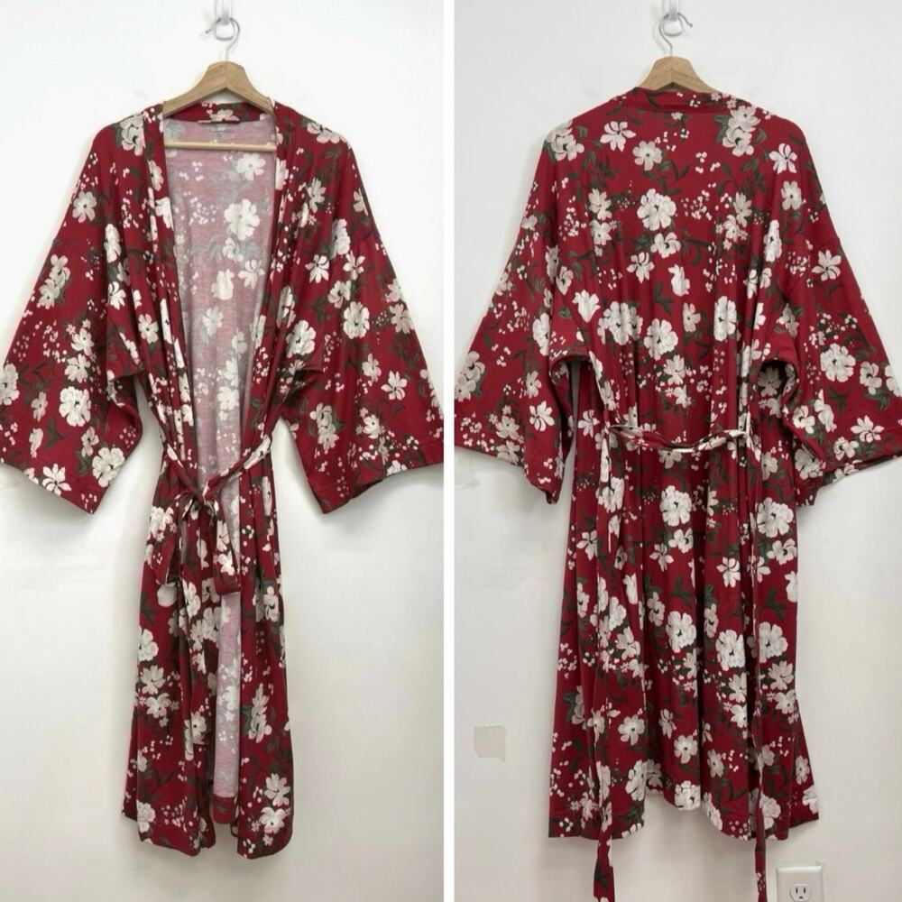 NWT Garnet Hill Wrap Kimono Robe Organic Cotton Soft Floral Print Belted - Large